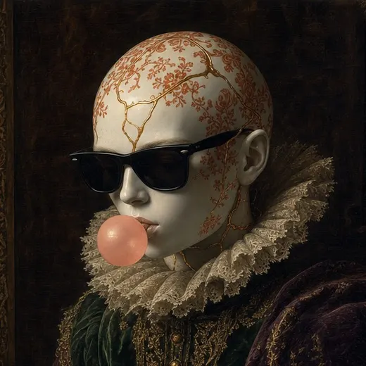 Androide de porcelana de óculos escuros mascando chiclete