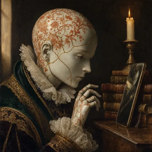 Androide de porcelana estudando à luz de vela ao lado de uma tela