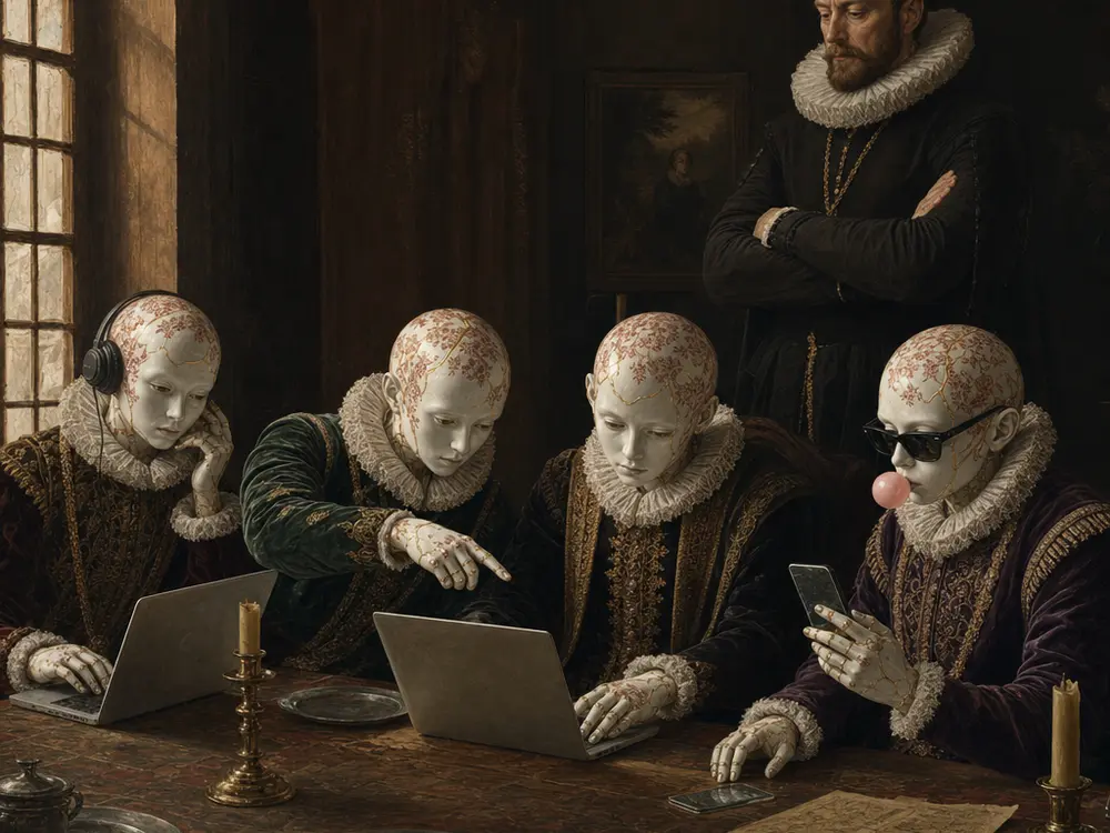 Pintura a óleo de três androides de porcelana e uma nobre ruiva trabalhando em laptops na mesma mesa de banquete