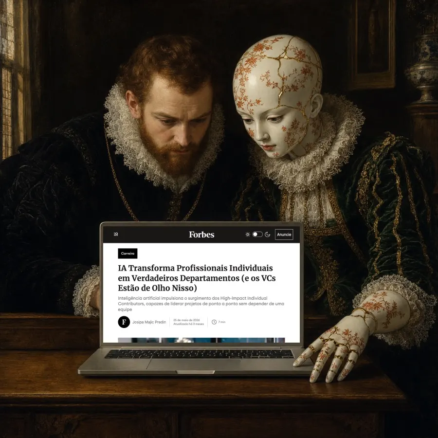 Pintura a óleo: um homem e um androide de porcelana leem juntos a manchete da Forbes na tela de um laptop