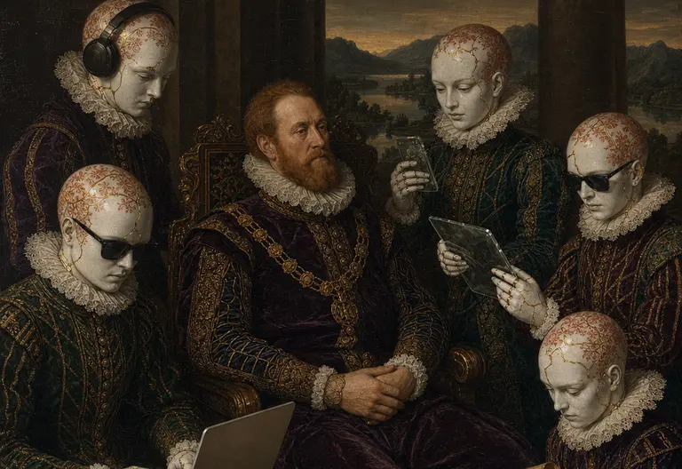 Pintura a óleo: um homem sentado ao centro, de mãos cruzadas, cercado por cinco androides de porcelana que trabalham em laptop, tablet, celular e pergaminho